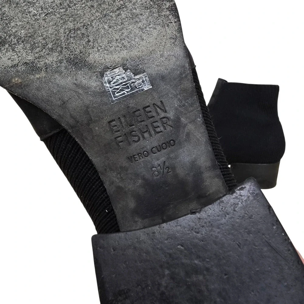 Eileen Fisher‎ Black Leather Knit Sock Ankle Boots Block Heel Made in Italy 8.5